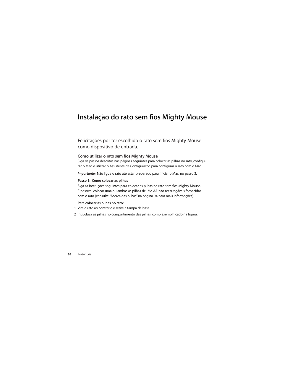 Instalação do rato sem fios mighty mouse, Como utilizar o rato sem fios mighty mouse | Apple Mighty Mouse (wireless) User Manual | Page 88 / 101