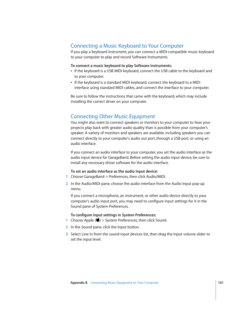 Connecting a music keyboard to your computer, Connecting other music equipment | Apple GarageBand '08 User Manual | Page 101 / 102