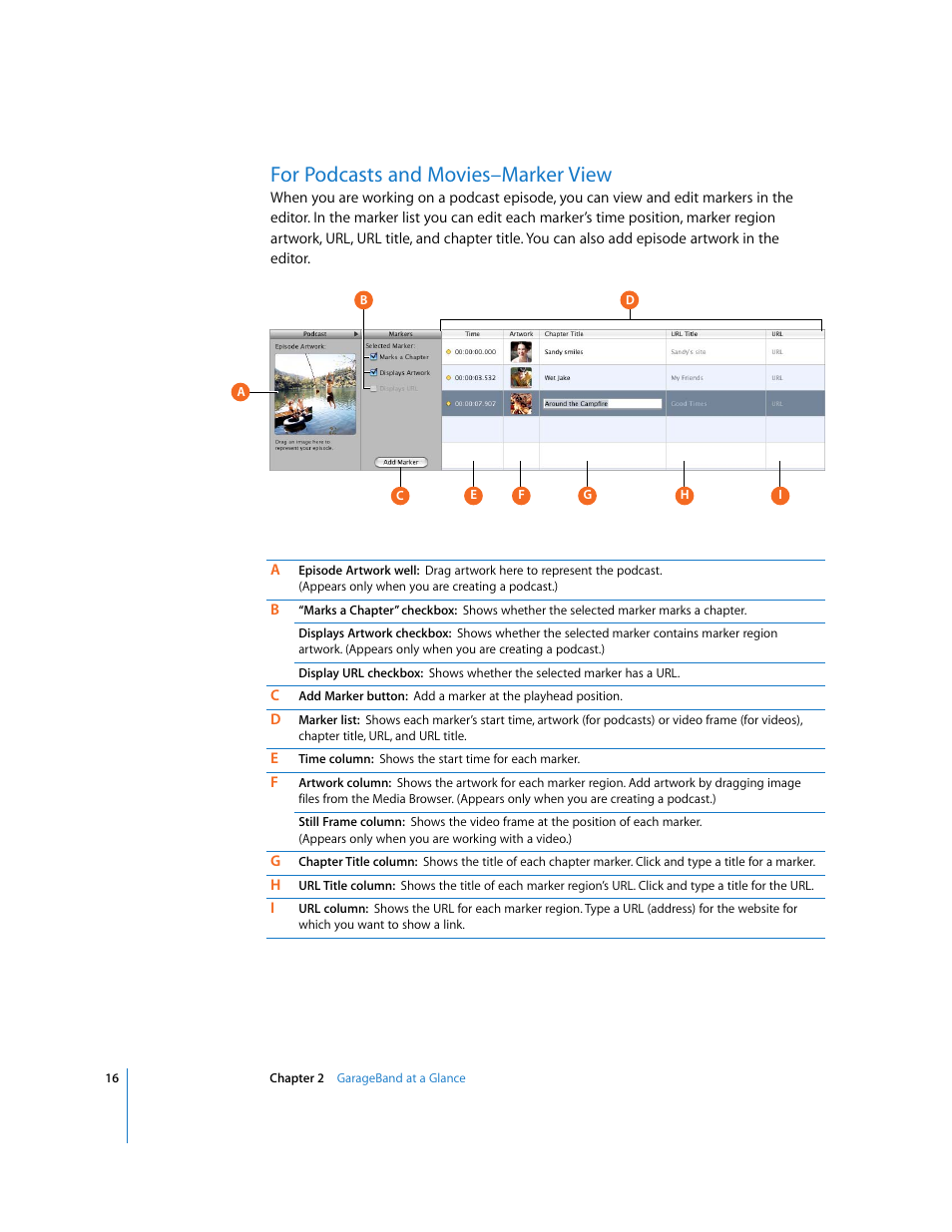 For podcasts and movies–marker view | Apple GarageBand '08 User Manual | Page 16 / 102