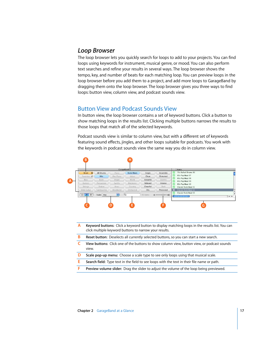 Loop browser, Button view and podcast sounds view | Apple GarageBand '08 User Manual | Page 17 / 102