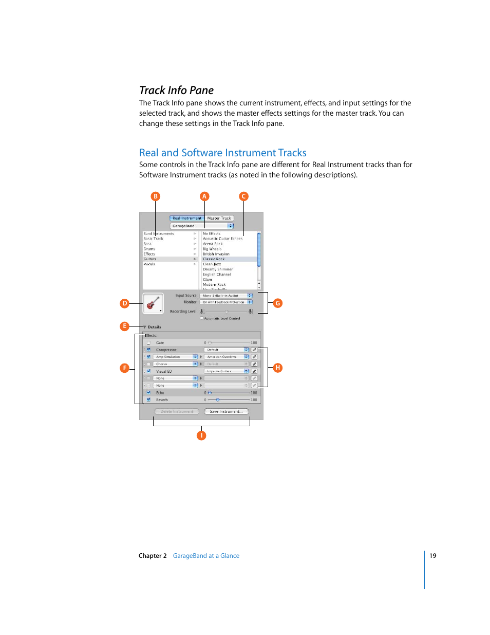 Track info pane, Real and software instrument tracks | Apple GarageBand '08 User Manual | Page 19 / 102