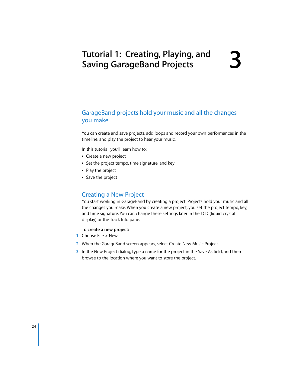 Creating a new project, Chapter 3 | Apple GarageBand '08 User Manual | Page 24 / 102