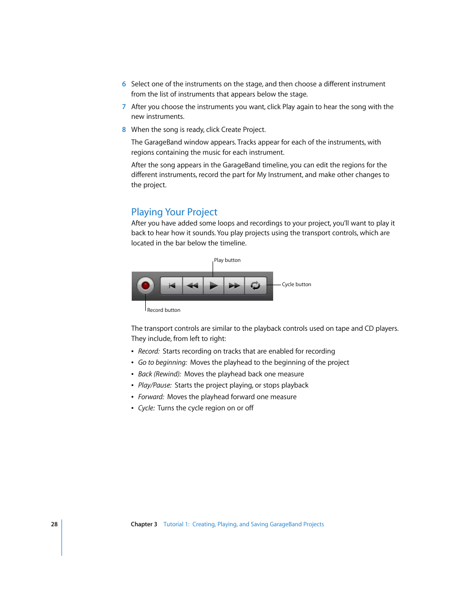 Playing your project | Apple GarageBand '08 User Manual | Page 28 / 102