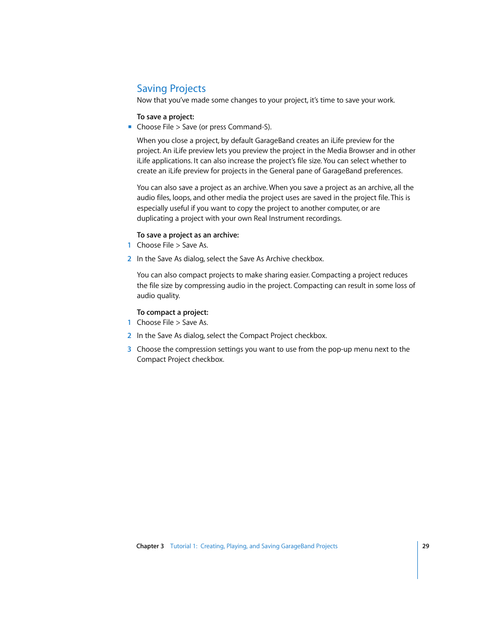 Saving projects | Apple GarageBand '08 User Manual | Page 29 / 102