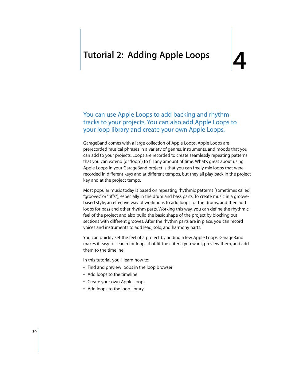 Tutorial 2: adding apple loops, Chapter 4, Tutorial 2: adding apple loops | Apple GarageBand '08 User Manual | Page 30 / 102