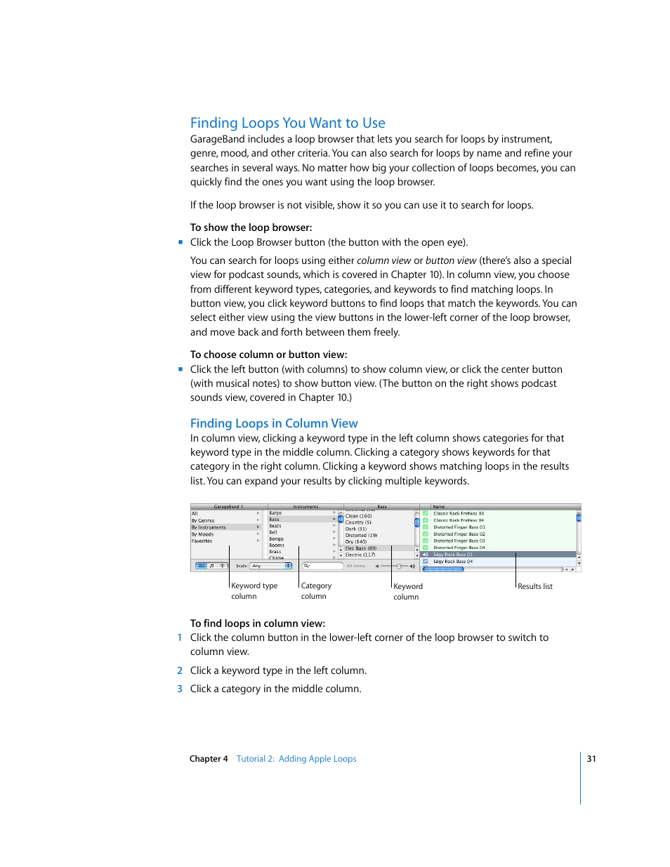 Finding loops you want to use, Finding loops in column view | Apple GarageBand '08 User Manual | Page 31 / 102