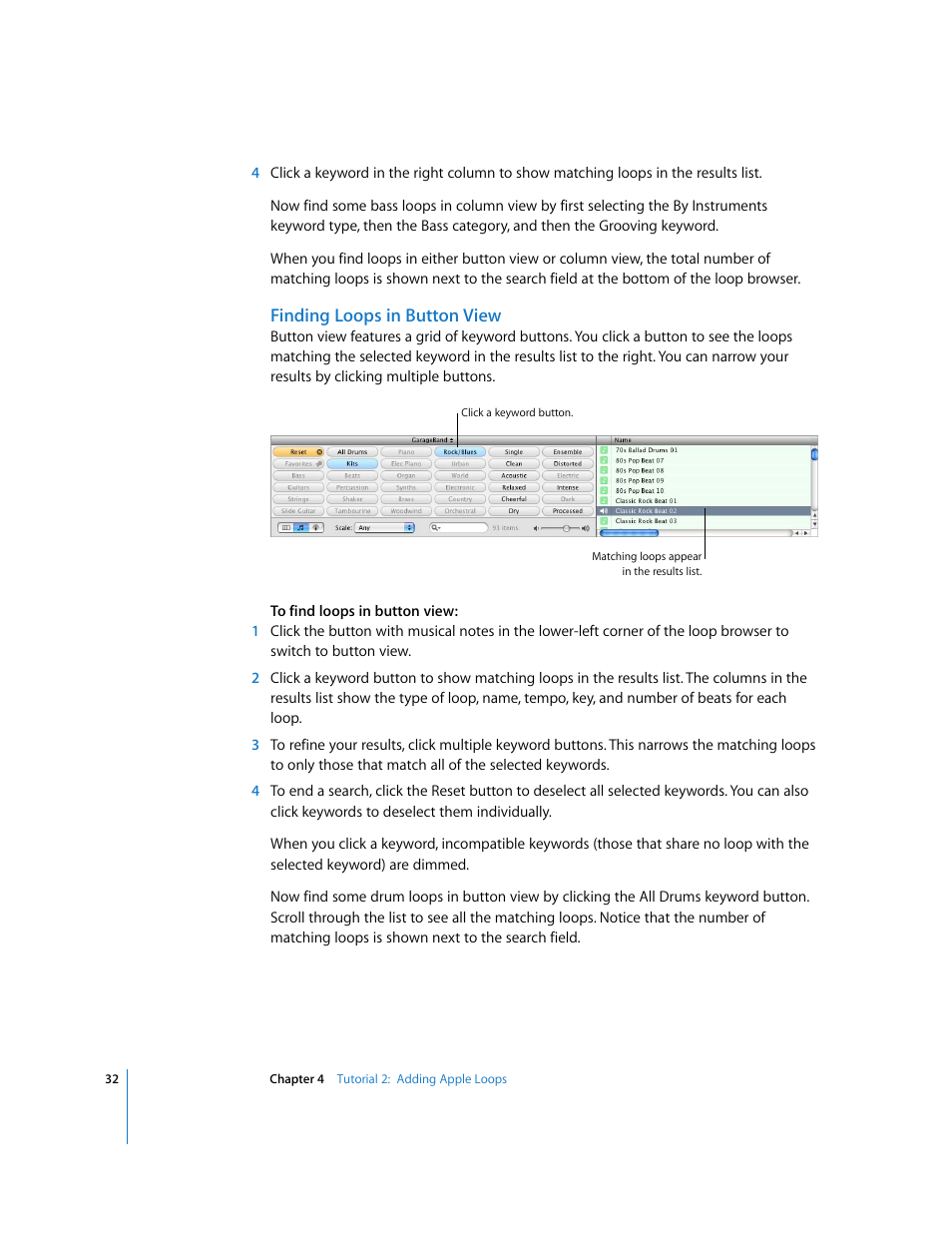 Finding loops in button view | Apple GarageBand '08 User Manual | Page 32 / 102