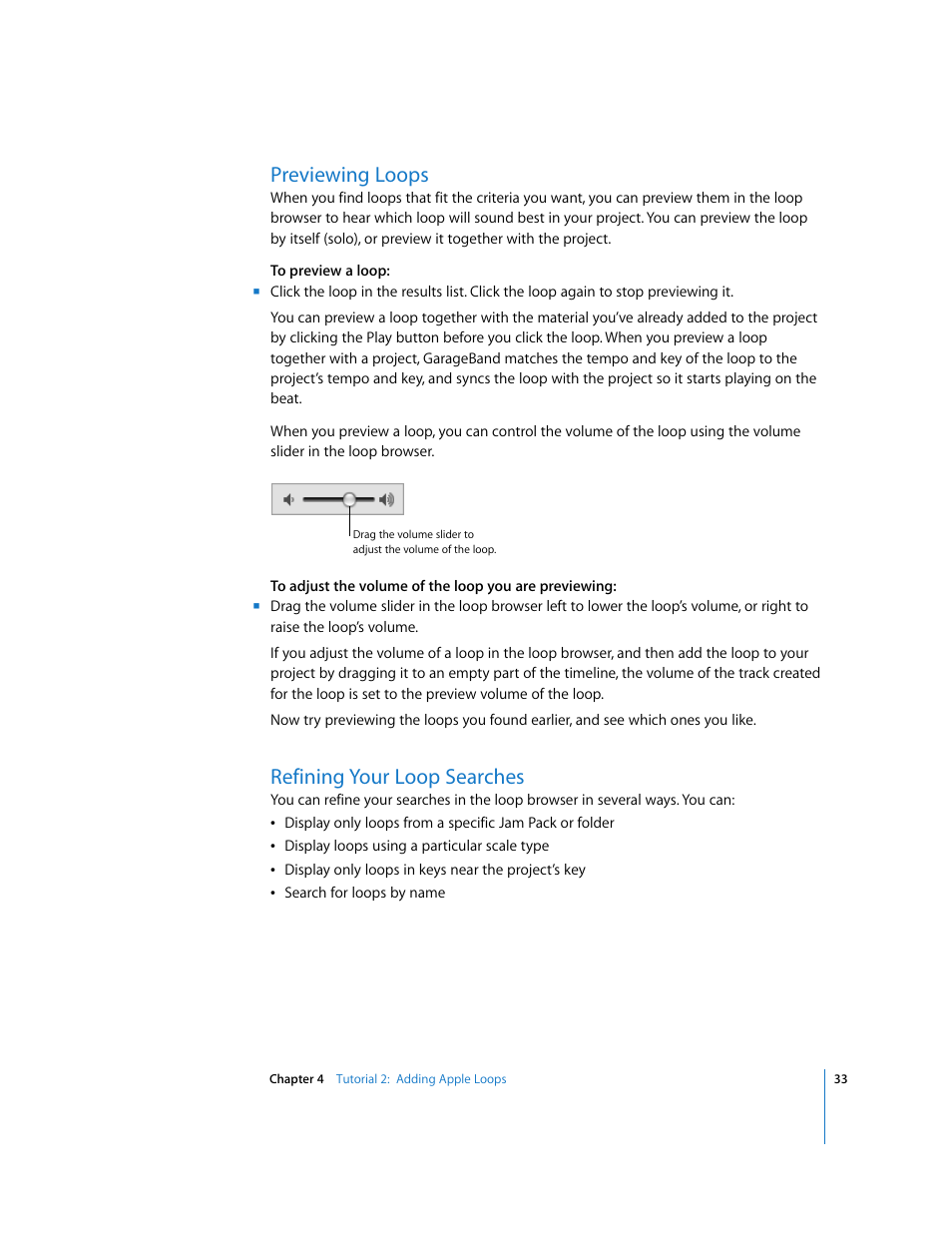 Previewing loops, Refining your loop searches | Apple GarageBand '08 User Manual | Page 33 / 102