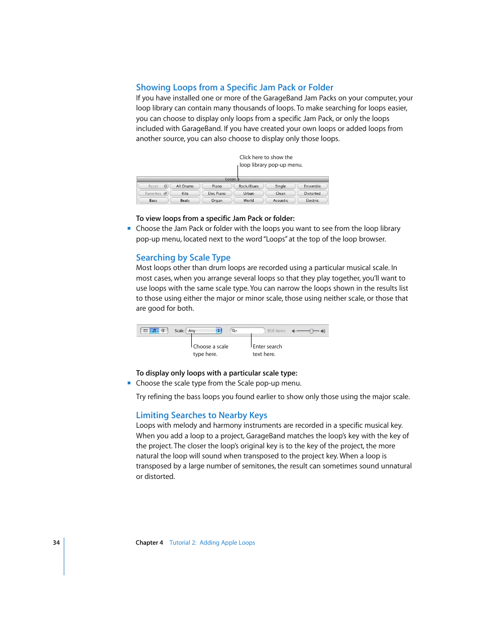 Showing loops from a specific jam pack or folder, Searching by scale type, Limiting searches to nearby keys | Apple GarageBand '08 User Manual | Page 34 / 102