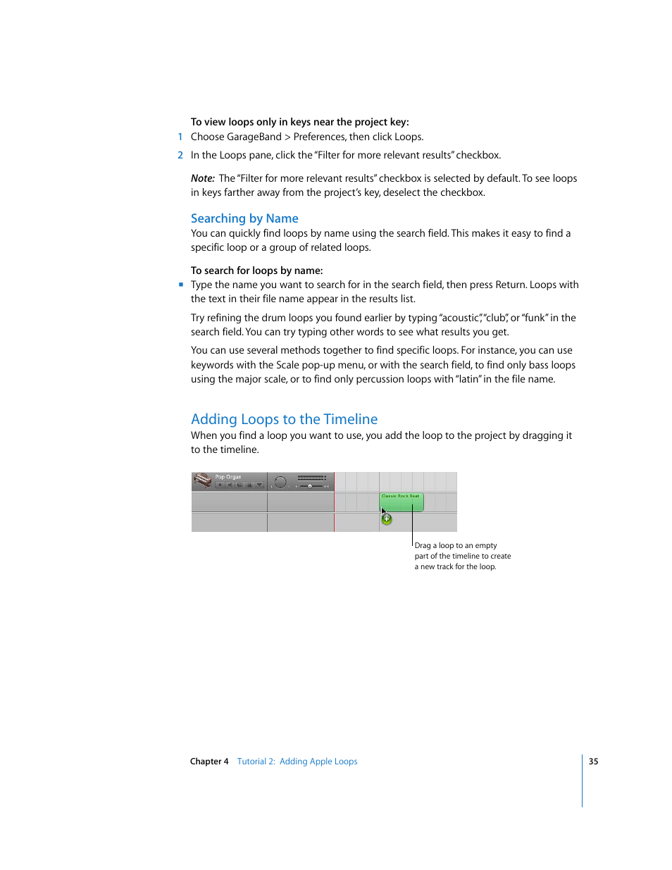 Searching by name, Adding loops to the timeline | Apple GarageBand '08 User Manual | Page 35 / 102