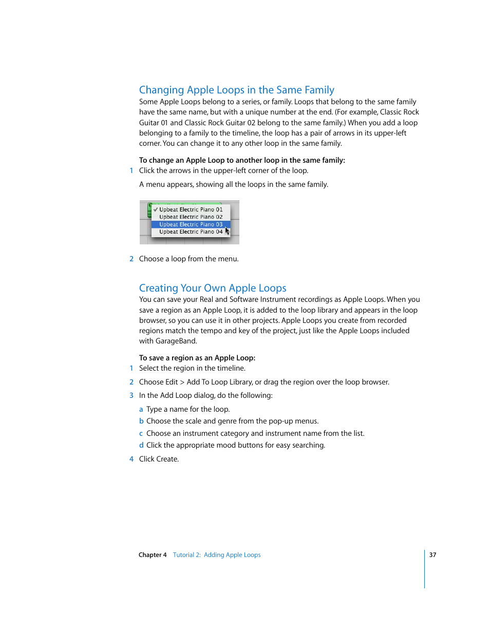 Changing apple loops in the same family, Creating your own apple loops | Apple GarageBand '08 User Manual | Page 37 / 102