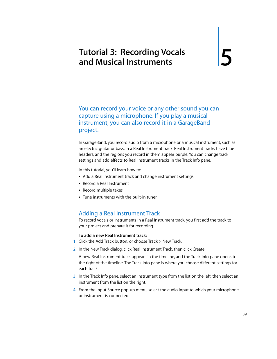 Adding a real instrument track, Chapter 5 | Apple GarageBand '08 User Manual | Page 39 / 102