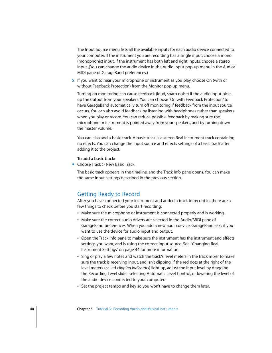 Getting ready to record | Apple GarageBand '08 User Manual | Page 40 / 102