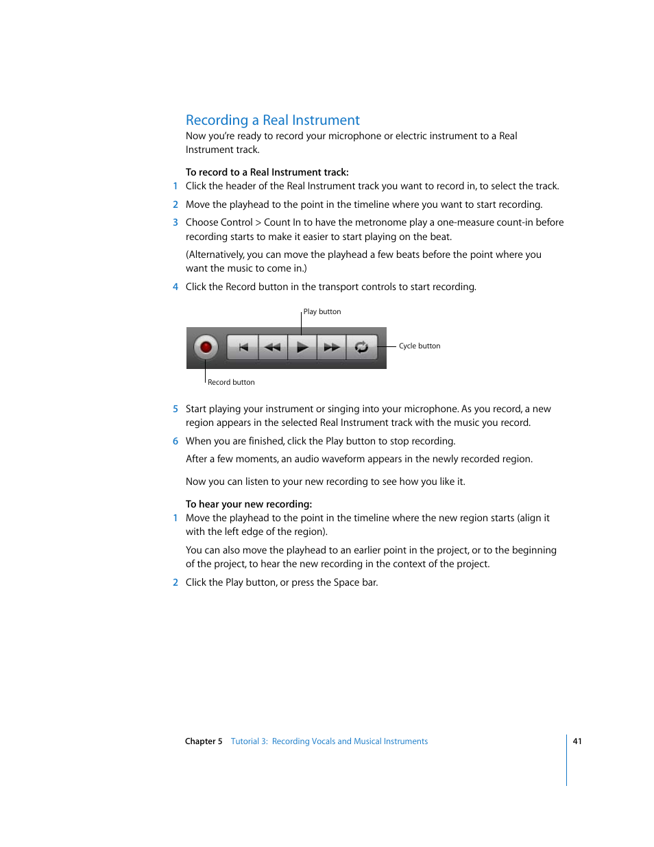 Recording a real instrument | Apple GarageBand '08 User Manual | Page 41 / 102