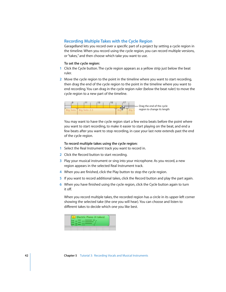 Recording multiple takes with the cycle region | Apple GarageBand '08 User Manual | Page 42 / 102