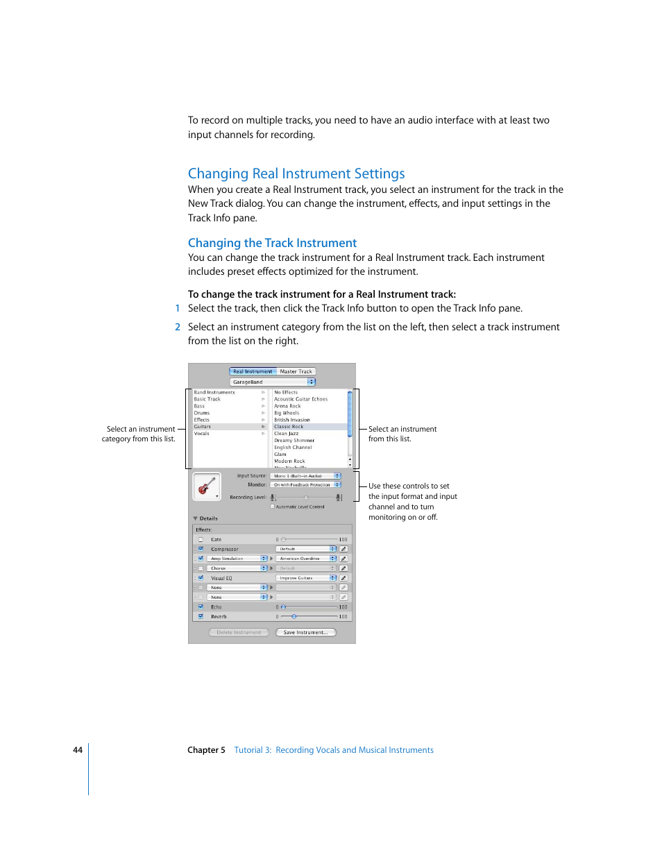 Changing real instrument settings, Changing the track instrument | Apple GarageBand '08 User Manual | Page 44 / 102