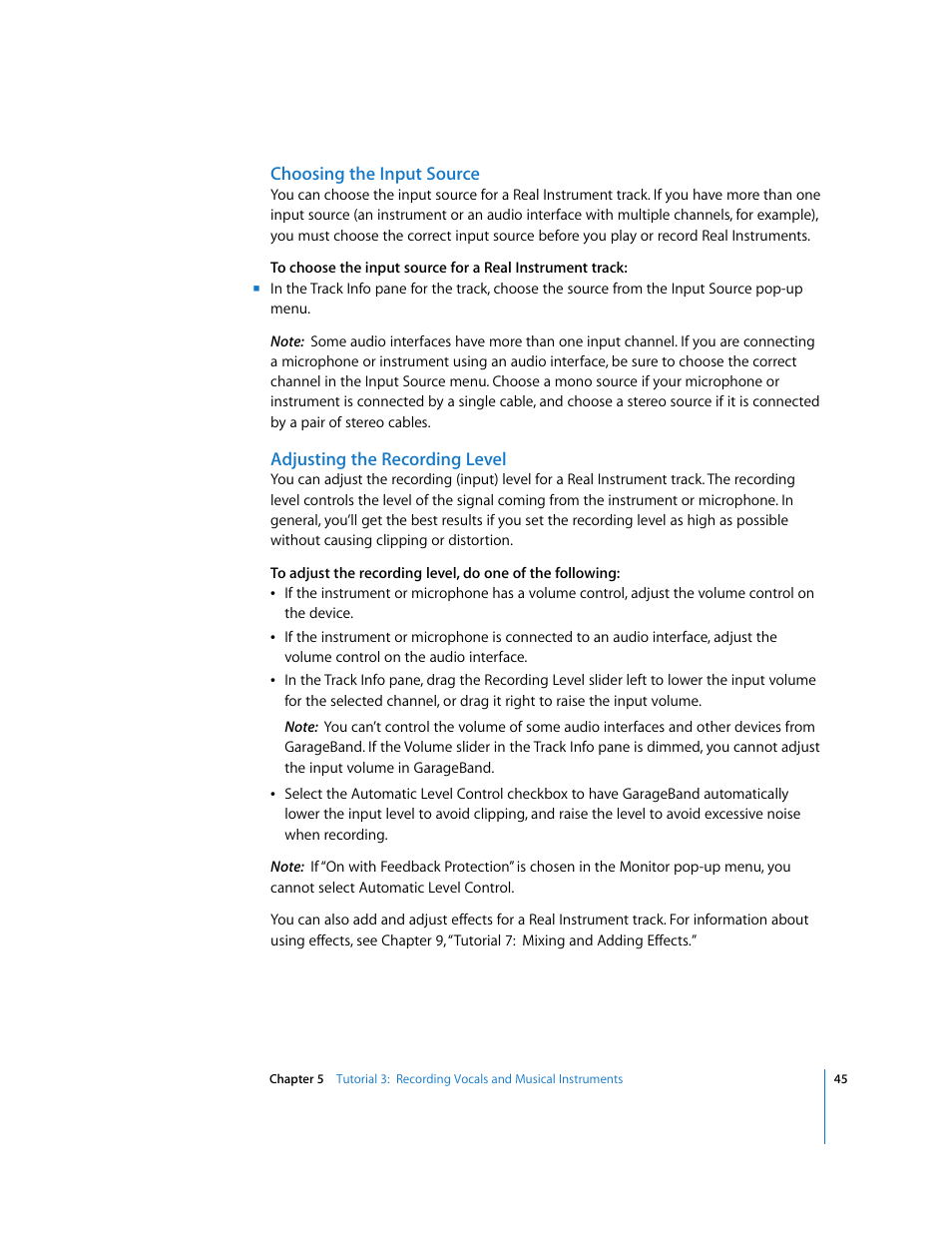 Choosing the input source, Adjusting the recording level | Apple GarageBand '08 User Manual | Page 45 / 102