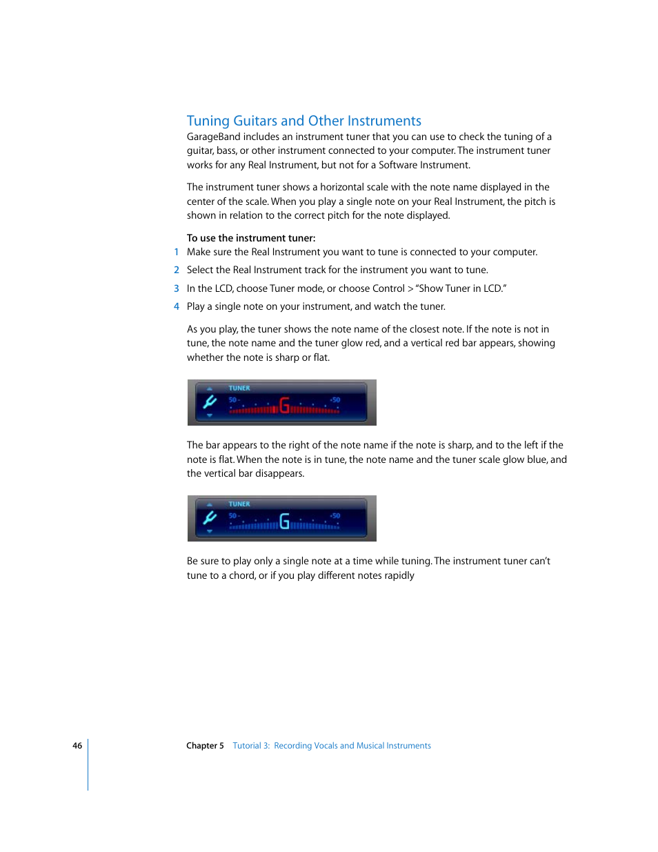 Tuning guitars and other instruments | Apple GarageBand '08 User Manual | Page 46 / 102