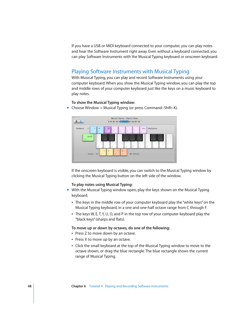 Playing software instruments with musical typing | Apple GarageBand '08 User Manual | Page 48 / 102