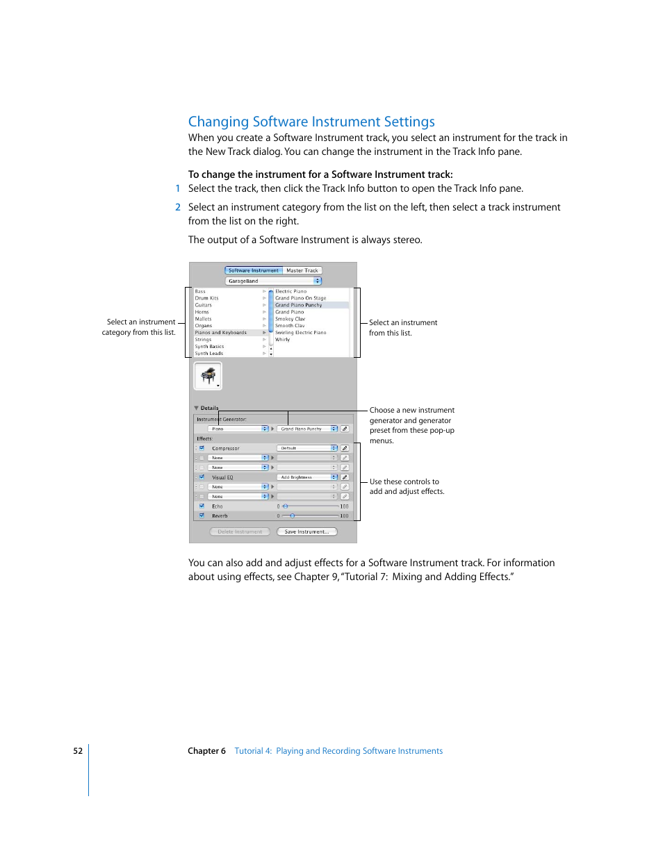 Changing software instrument settings | Apple GarageBand '08 User Manual | Page 52 / 102