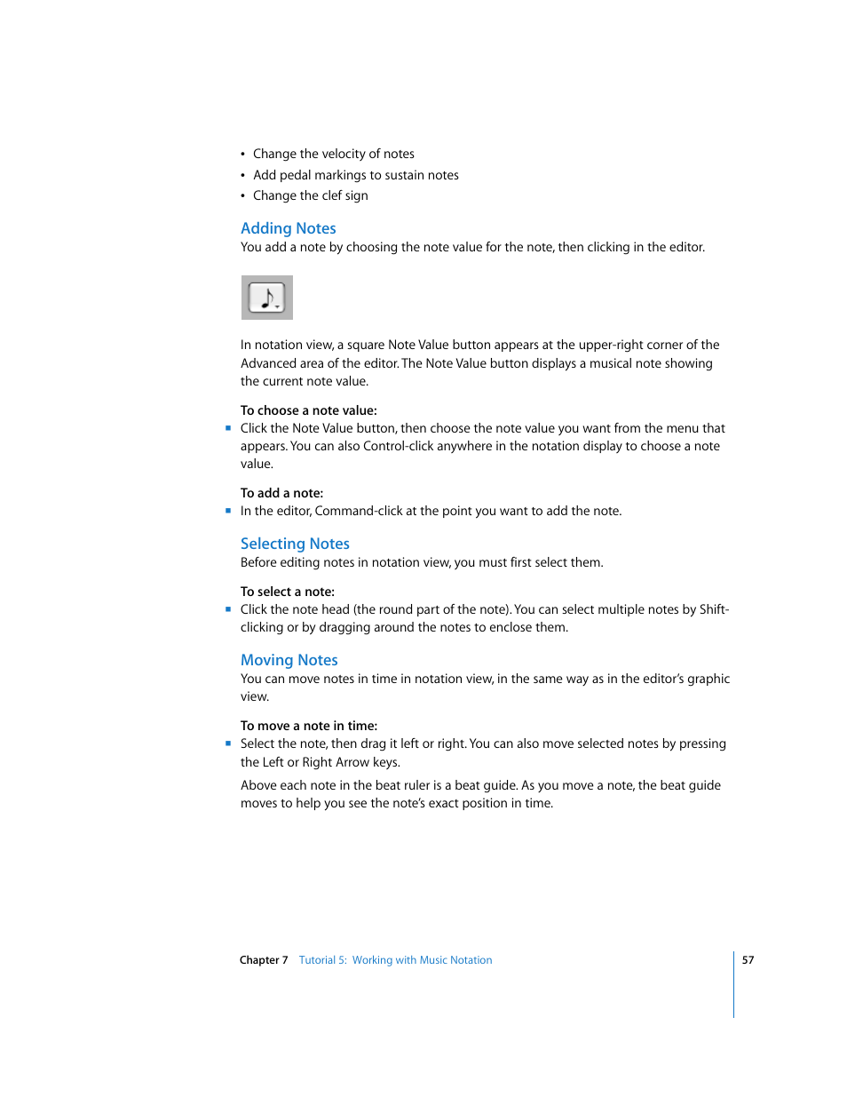 Adding notes, Selecting notes, Moving notes | Apple GarageBand '08 User Manual | Page 57 / 102