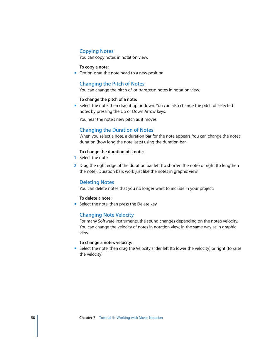 Copying notes, Changing the pitch of notes, Changing the duration of notes | Deleting notes, Changing note velocity | Apple GarageBand '08 User Manual | Page 58 / 102