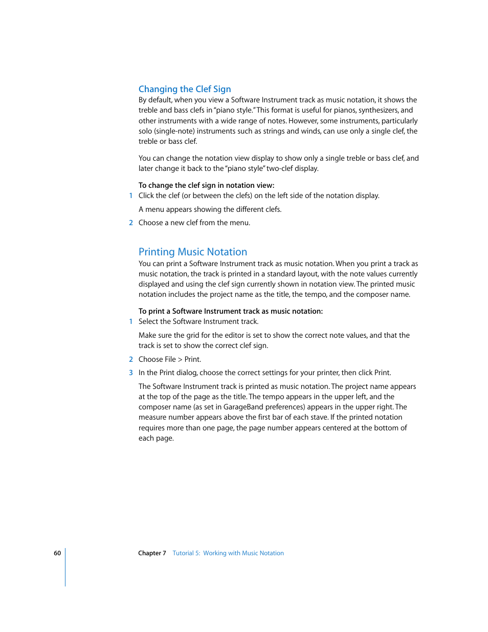 Changing the clef sign, Printing music notation | Apple GarageBand '08 User Manual | Page 60 / 102