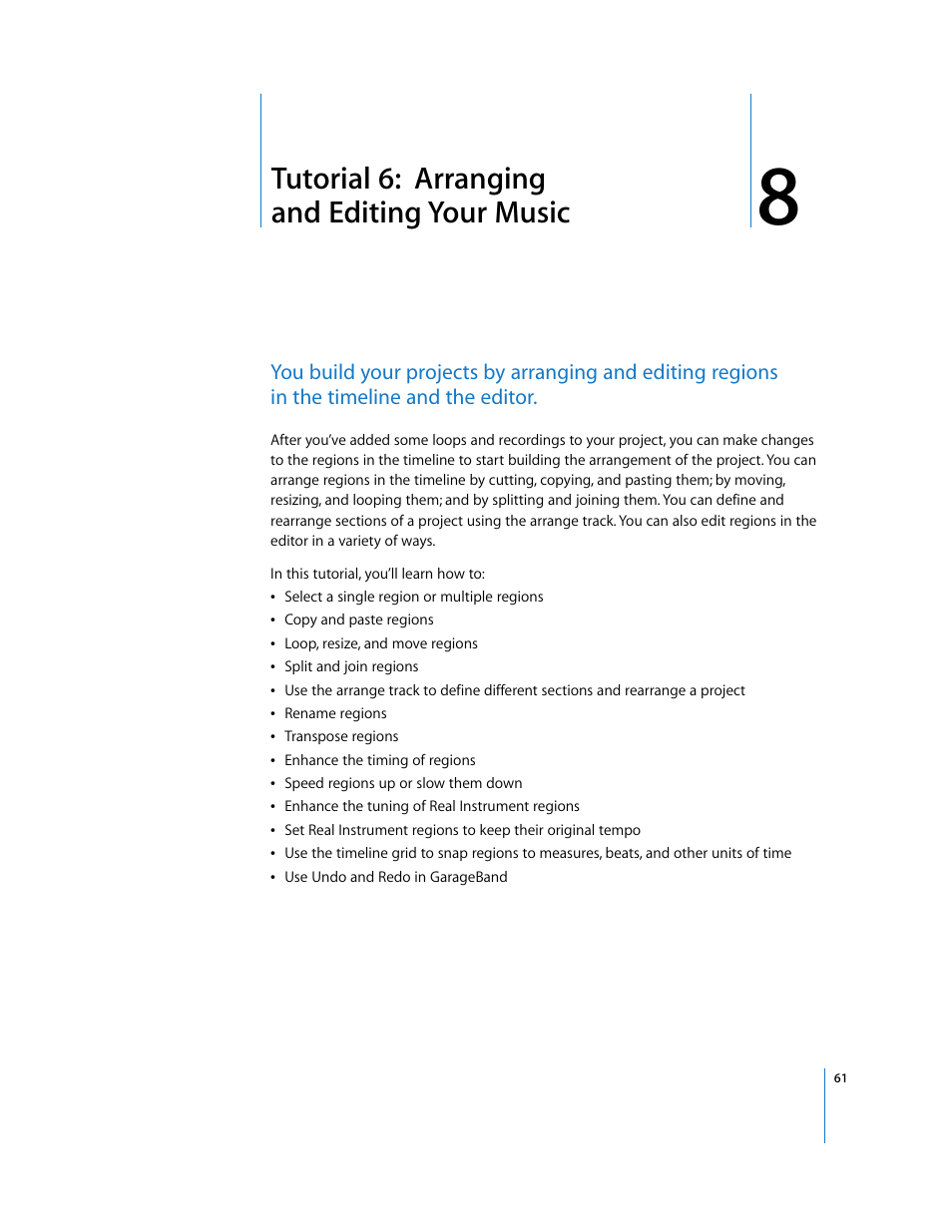 Tutorial 6: arranging andeditingyour music, Chapter 8, Tutorial 6: arranging and editing your music | Apple GarageBand '08 User Manual | Page 61 / 102