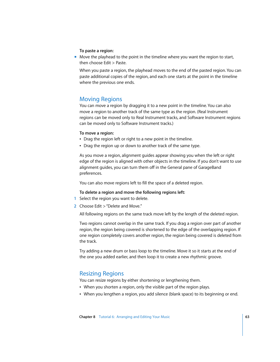 Moving regions, Resizing regions | Apple GarageBand '08 User Manual | Page 63 / 102