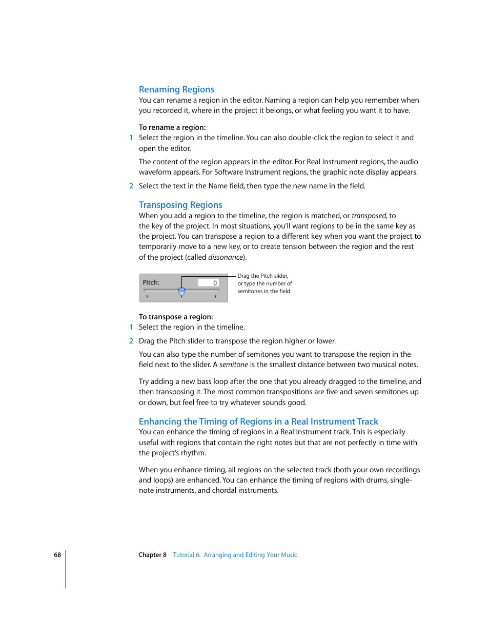Renaming regions, Transposing regions | Apple GarageBand '08 User Manual | Page 68 / 102