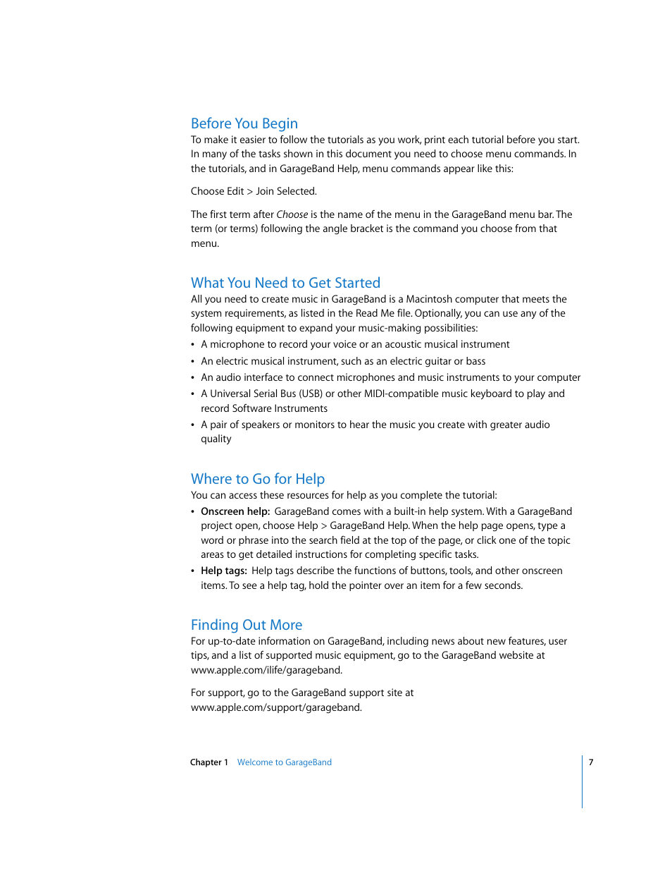 Before you begin, What you need to get started, Where to go for help | Finding out more | Apple GarageBand '08 User Manual | Page 7 / 102