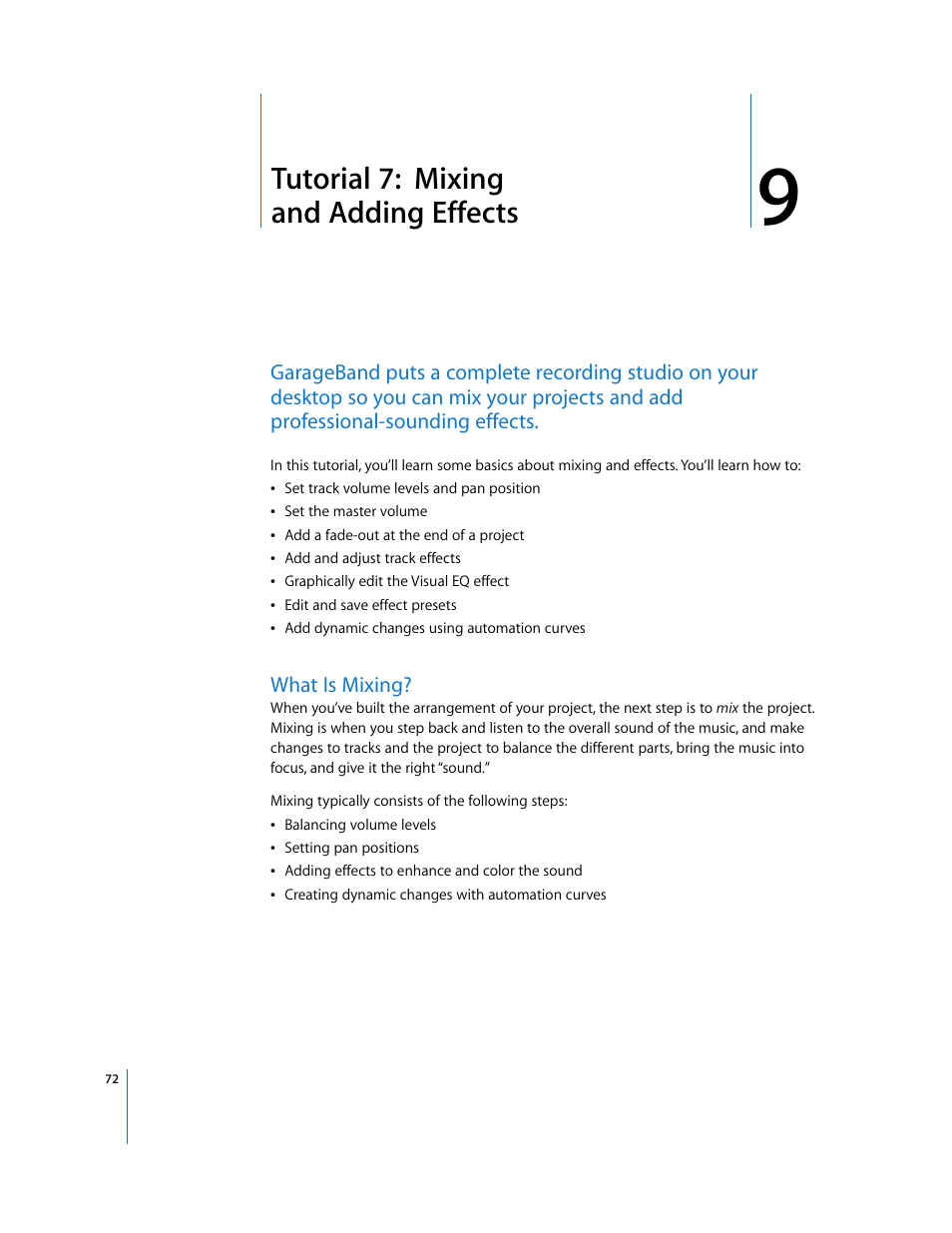 Tutorial 7: mixing andaddingeffects, What is mixing, Chapter 9 | Tutorial 7: mixing and adding effects | Apple GarageBand '08 User Manual | Page 72 / 102