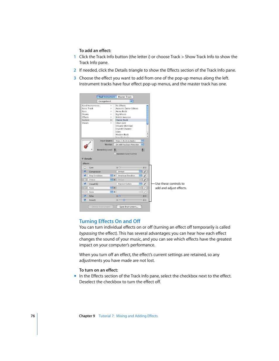Turning effects on and off | Apple GarageBand '08 User Manual | Page 76 / 102