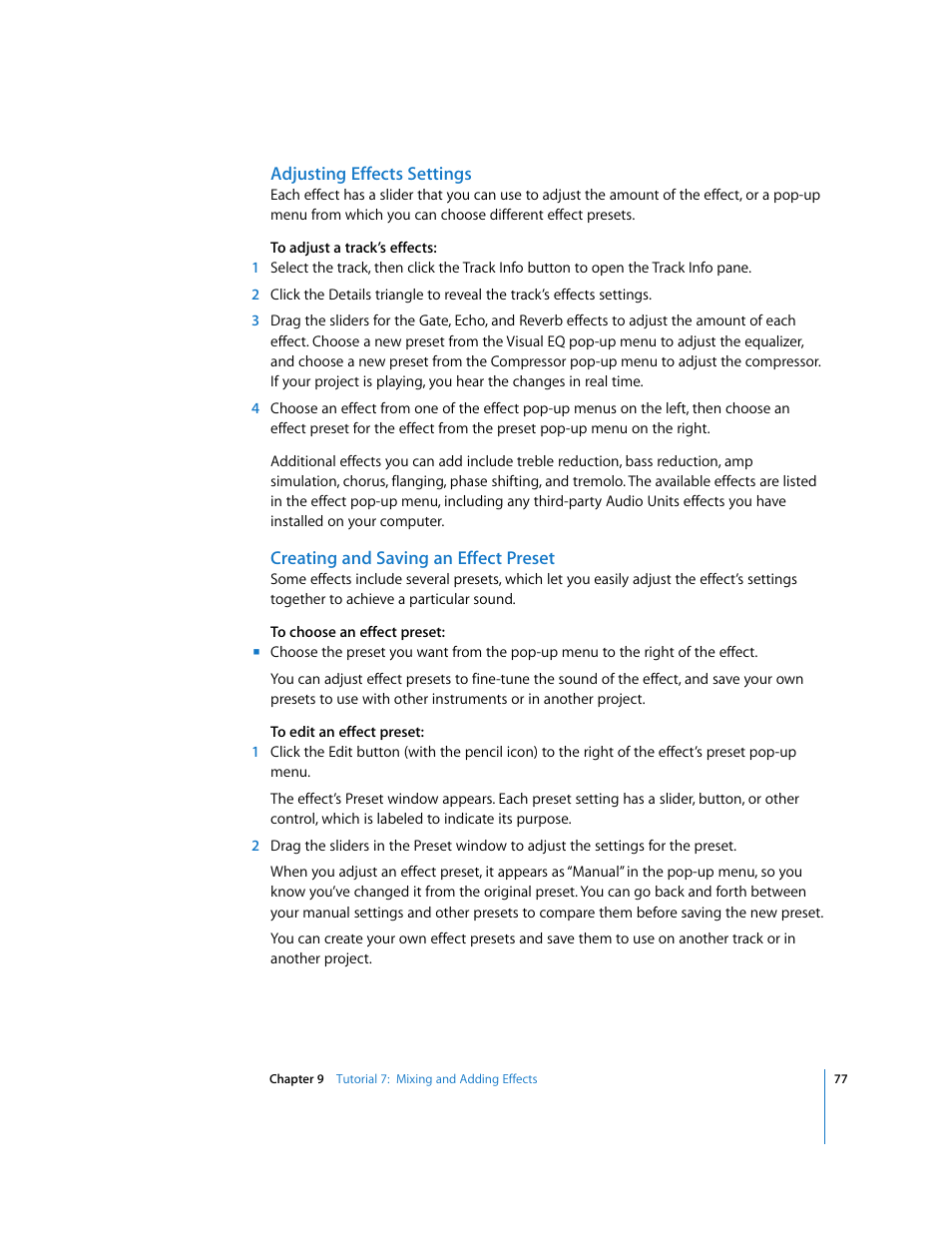 Adjusting effects settings, Creating and saving an effect preset | Apple GarageBand '08 User Manual | Page 77 / 102