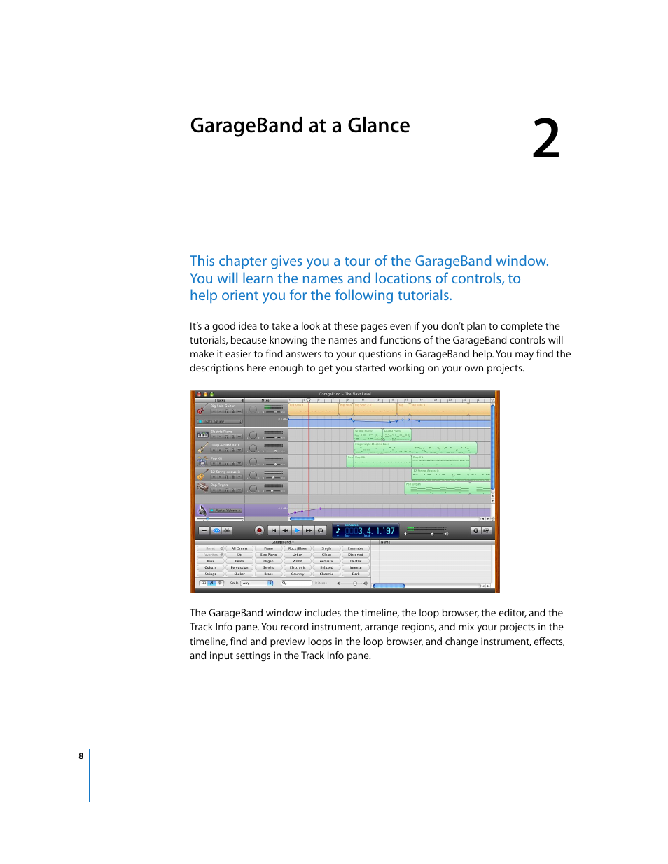 Garageband at a glance, Chapter 2 | Apple GarageBand '08 User Manual | Page 8 / 102