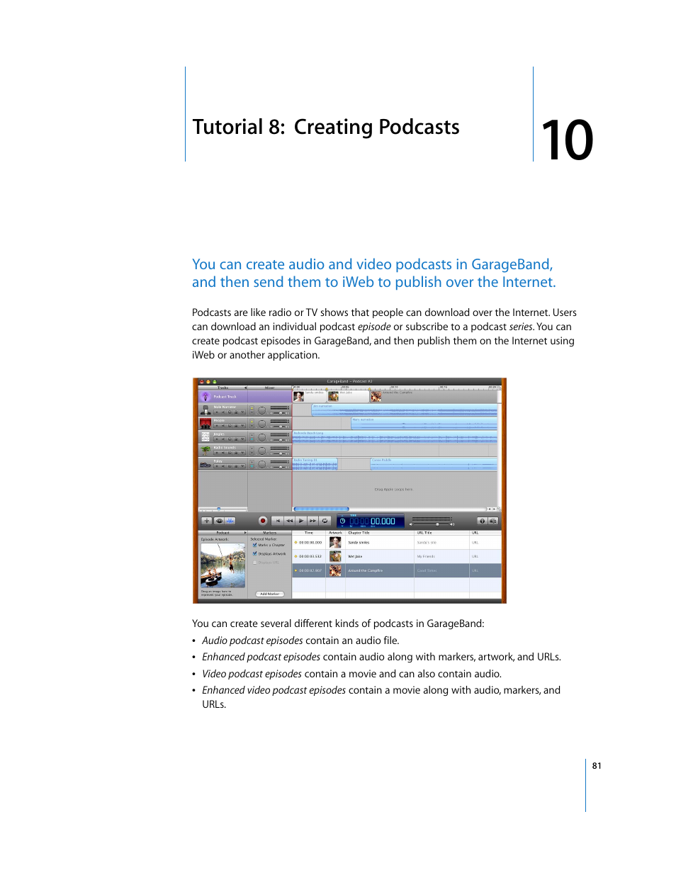 Tutorial 8: creating podcasts, Chapter 10, Tutorial 8: creating podcasts | Apple GarageBand '08 User Manual | Page 81 / 102