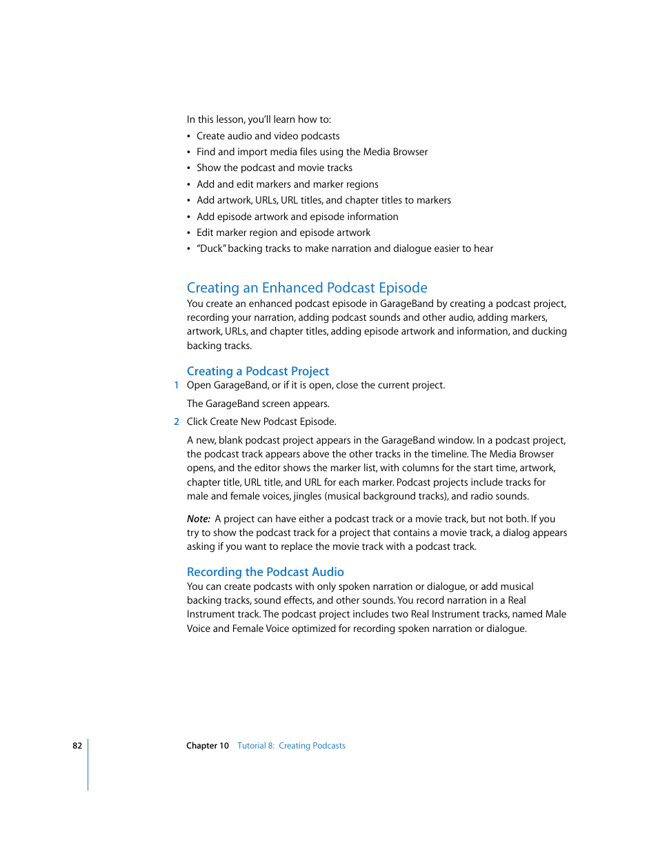 Creating an enhanced podcast episode, Creating a podcast project, Recording the podcast audio | Apple GarageBand '08 User Manual | Page 82 / 102