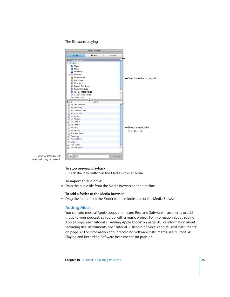 Adding music | Apple GarageBand '08 User Manual | Page 85 / 102