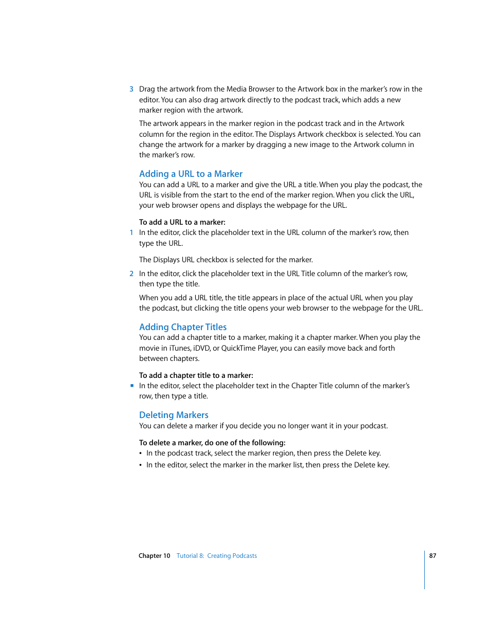 Adding a url to a marker, Adding chapter titles, Deleting markers | Apple GarageBand '08 User Manual | Page 87 / 102