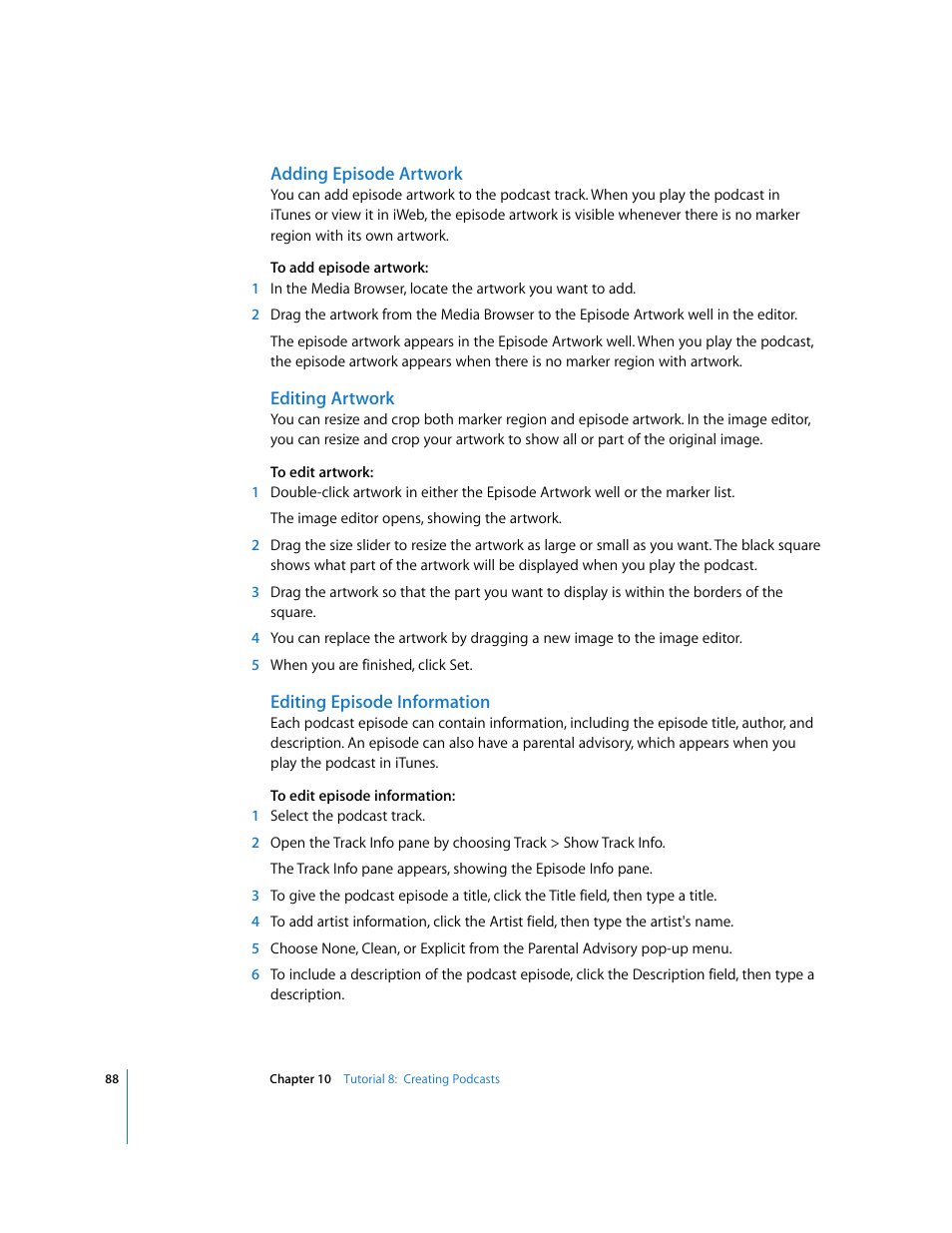 Adding episode artwork, Editing artwork, Editing episode information | Apple GarageBand '08 User Manual | Page 88 / 102