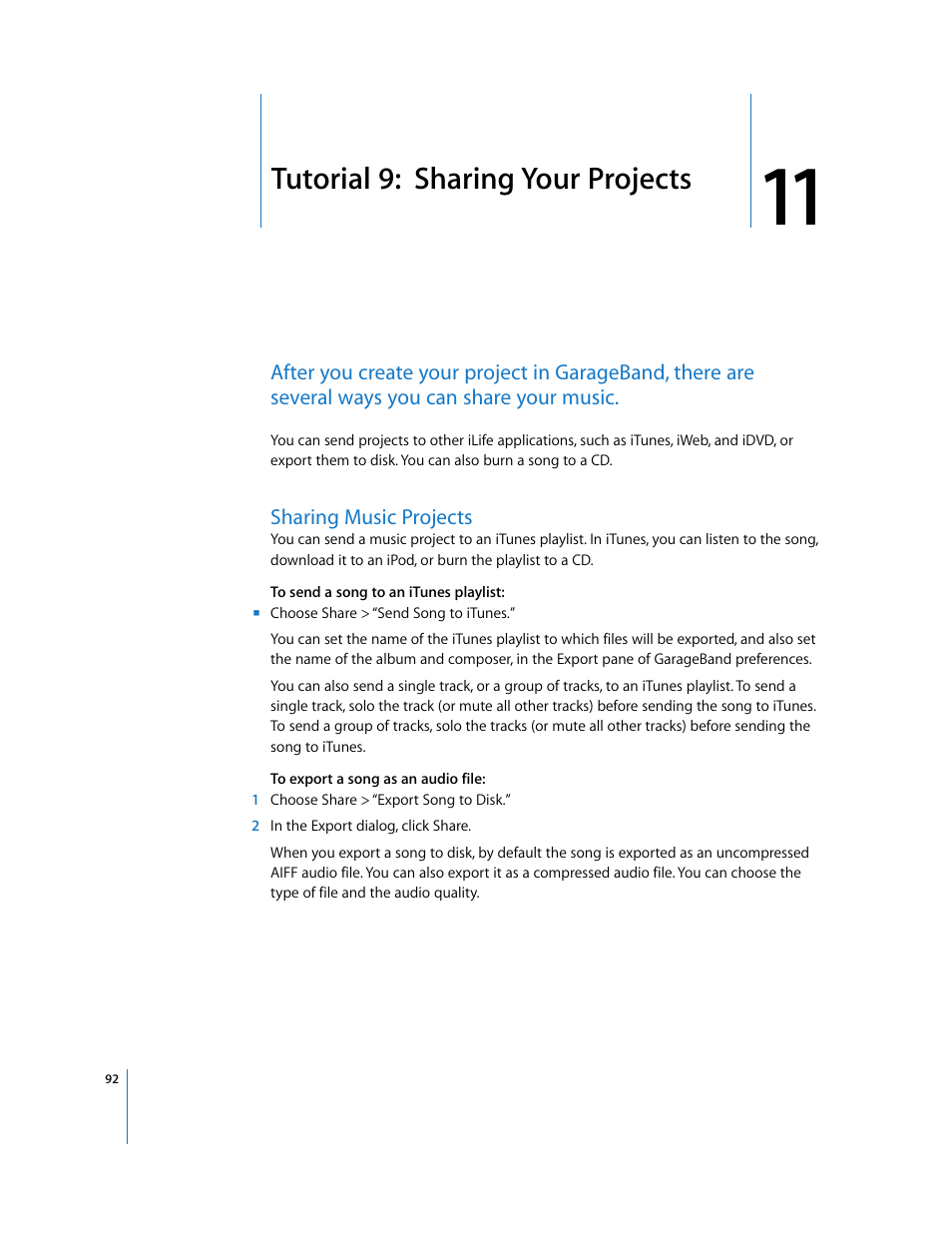 Tutorial 9: sharing your projects, Sharing music projects, Chapter 11 | Chapter 11, “tutorial 9: sharing your projects, Tutorial 9: sharing your projects | Apple GarageBand '08 User Manual | Page 92 / 102