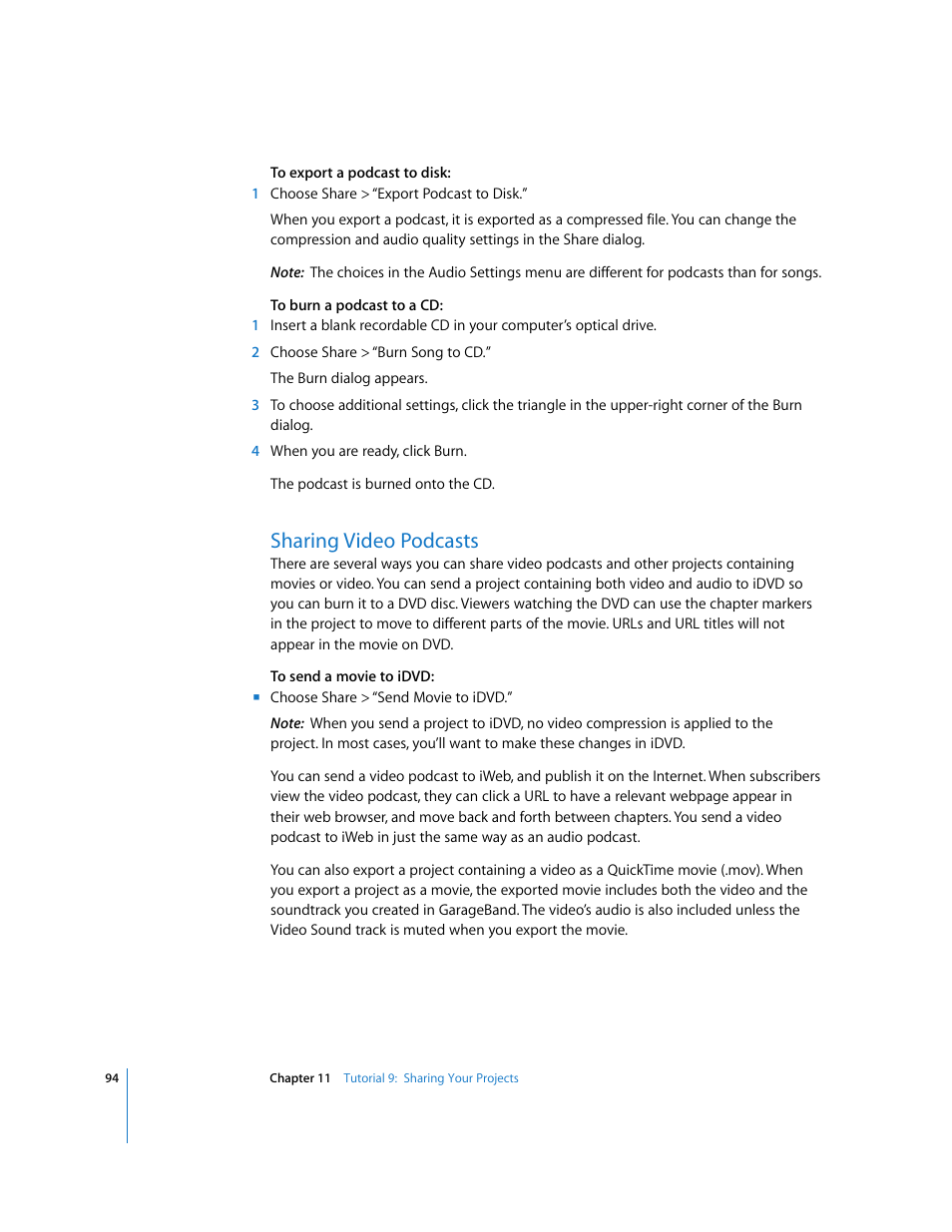 Sharing video podcasts | Apple GarageBand '08 User Manual | Page 94 / 102