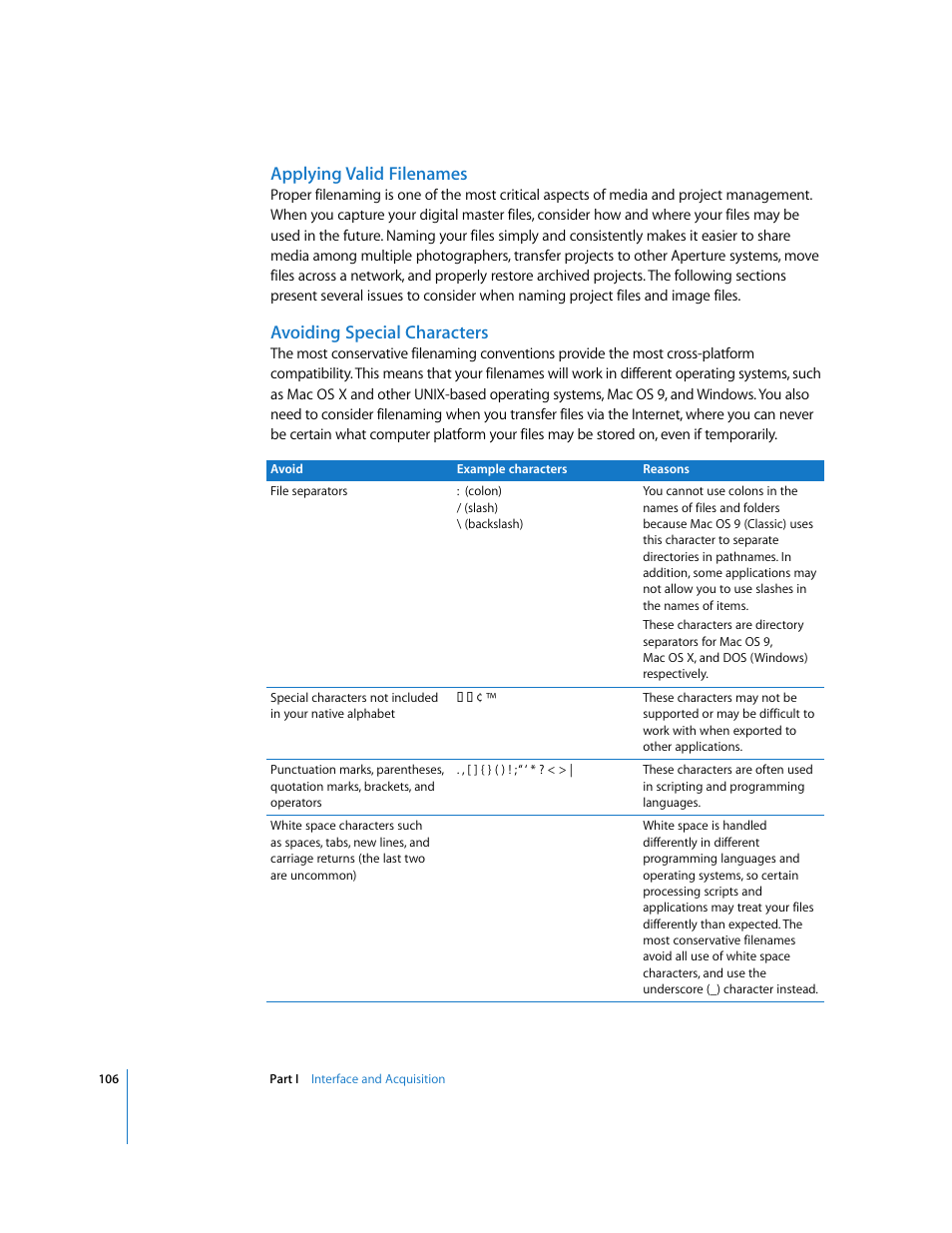 Applying valid filenames, Avoiding special characters | Apple Aperture User Manual | Page 106 / 476