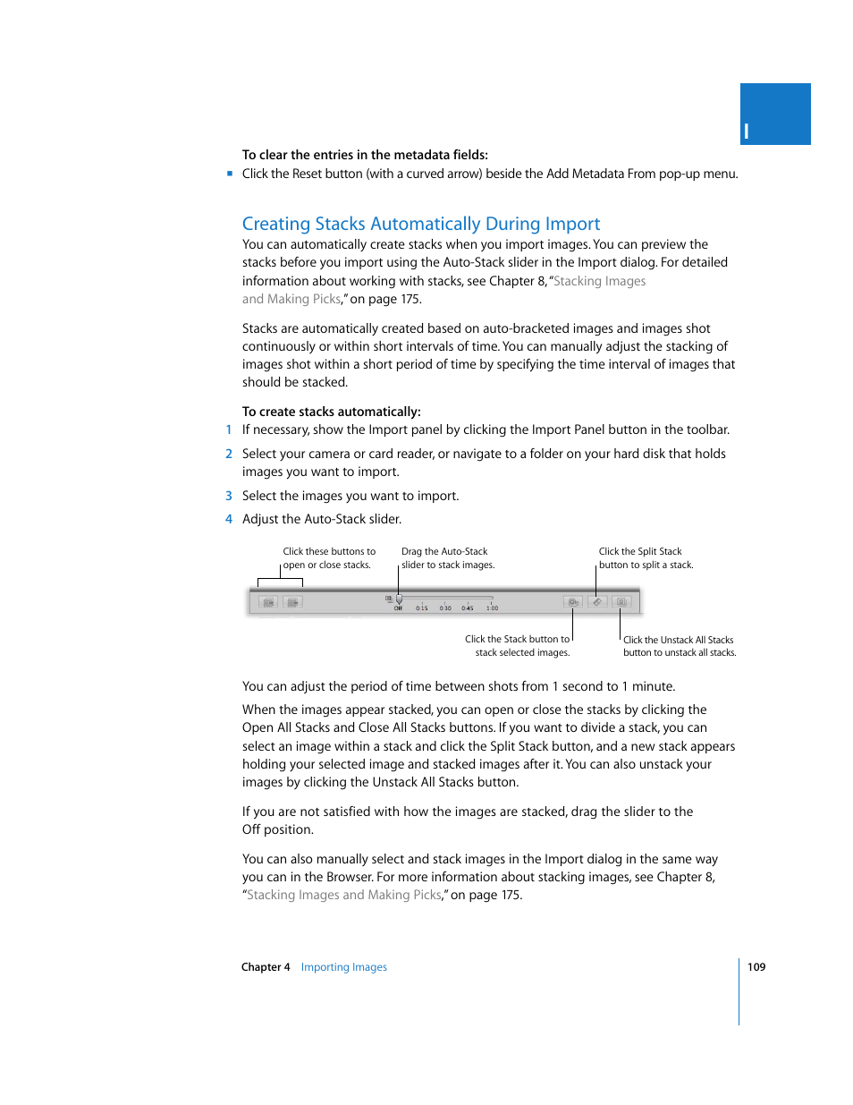 Creating stacks automatically during import, P. 109) | Apple Aperture User Manual | Page 109 / 476