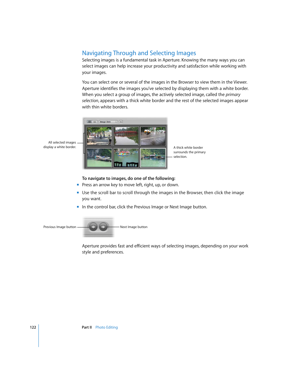 Navigating through and selecting images, P. 122) | Apple Aperture User Manual | Page 122 / 476