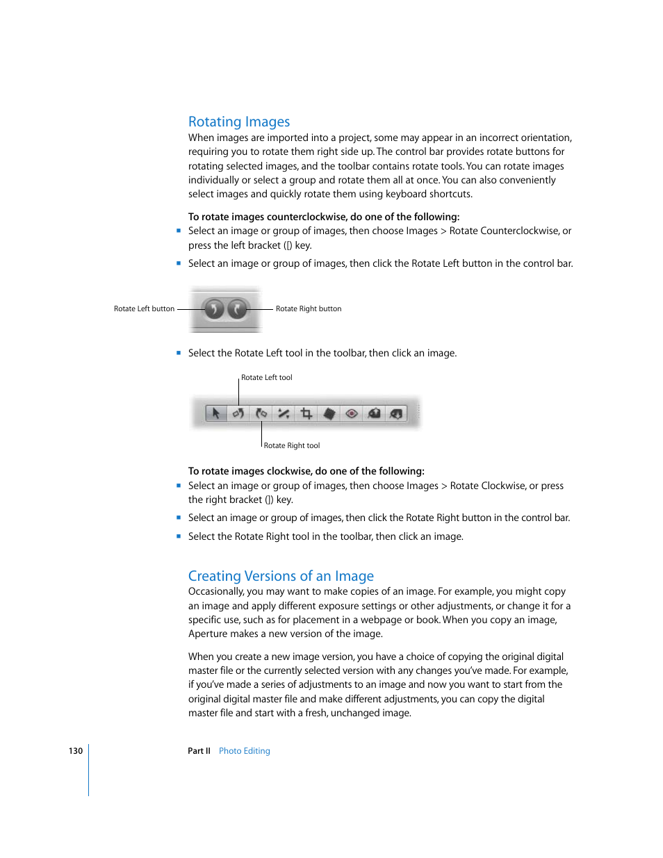 Rotating images, Creating versions of an image, P. 130) | Apple Aperture User Manual | Page 130 / 476