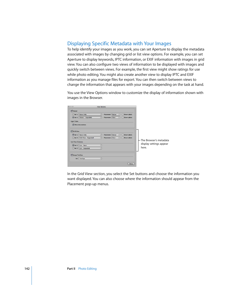 Displaying specific metadata with your images, P. 142), Displaying specific metadata with your | Images | Apple Aperture User Manual | Page 142 / 476