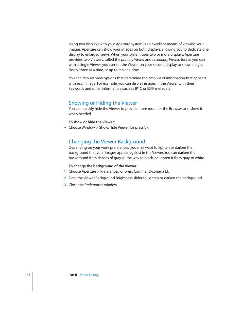 Showing or hiding the viewer, Changing the viewer background, P. 148) | Apple Aperture User Manual | Page 148 / 476