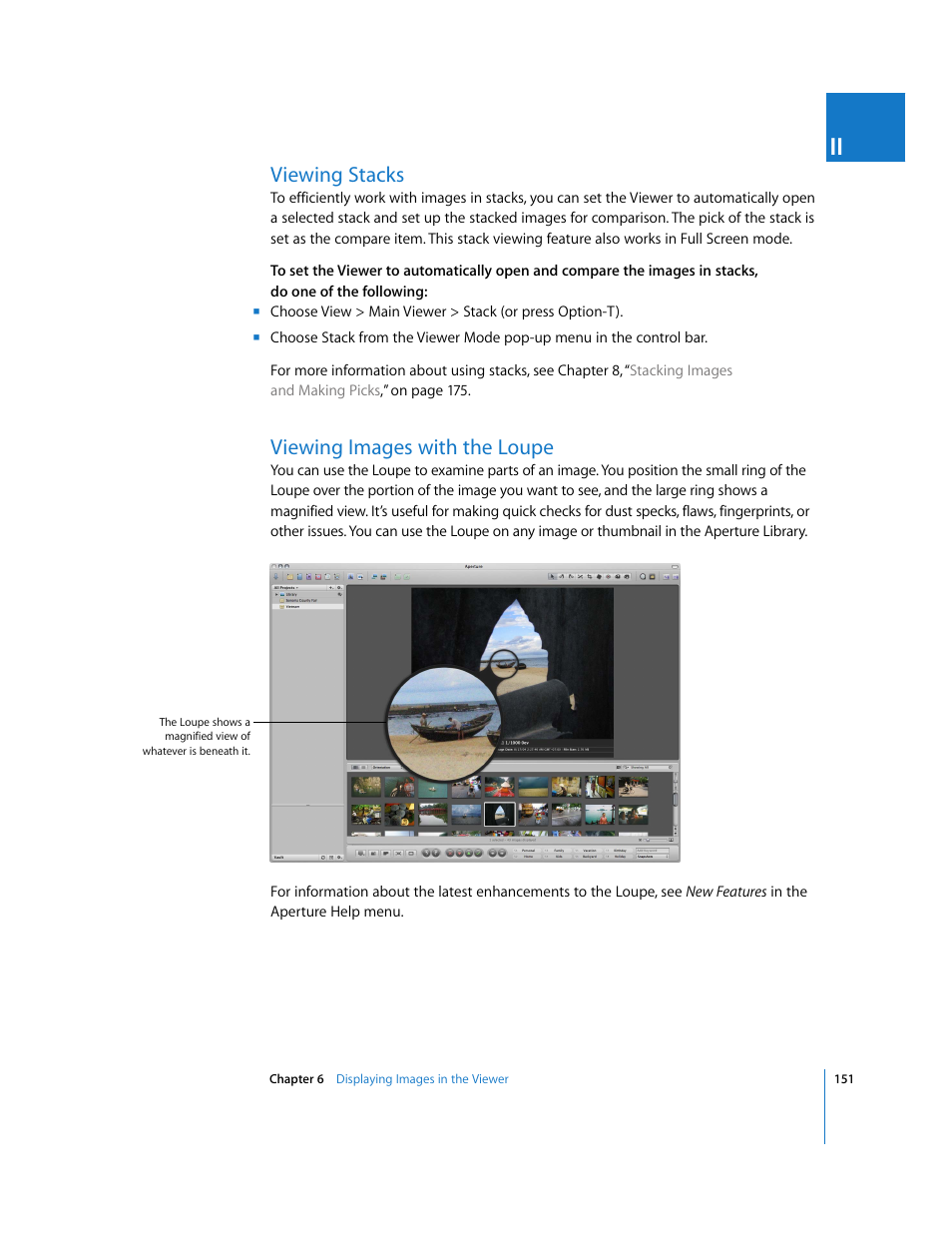 Viewing stacks, Viewing images with the loupe, P. 151) | Apple Aperture User Manual | Page 151 / 476