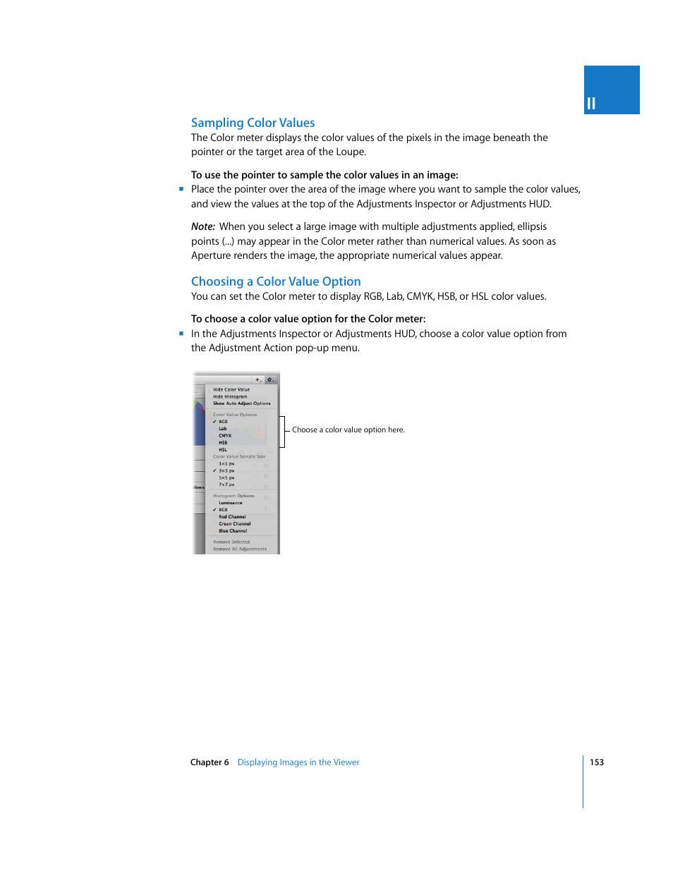 Sampling color values, Choosing a color value option | Apple Aperture User Manual | Page 153 / 476